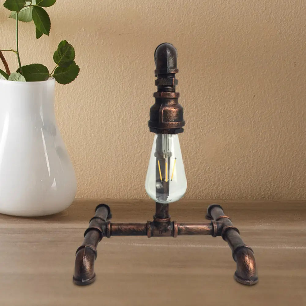 Vintage Copper/Black Desk Lamp: Small 1-Light Iron Exposed Bulb Night Table Light with Pipe-Like Base - Plug-In