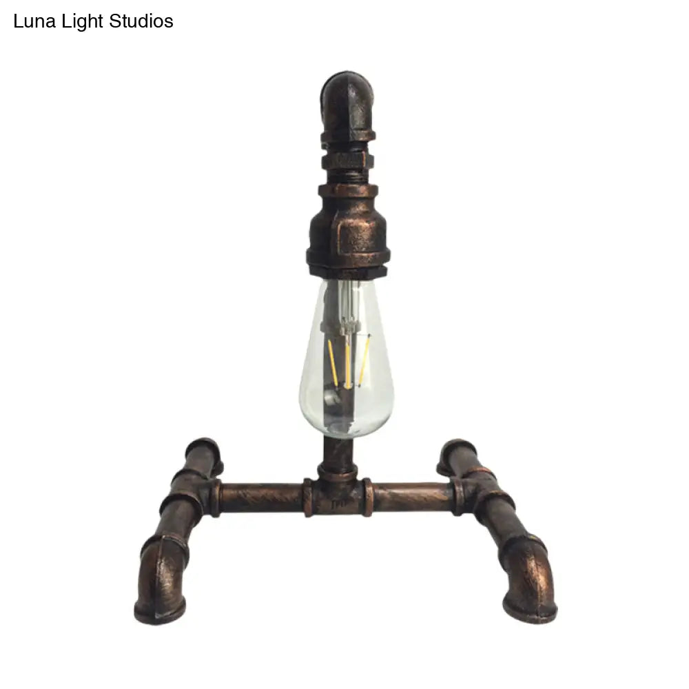 Vintage Copper/Black Desk Lamp: Small 1-Light Iron Exposed Bulb Night Table Light with Pipe-Like Base - Plug-In