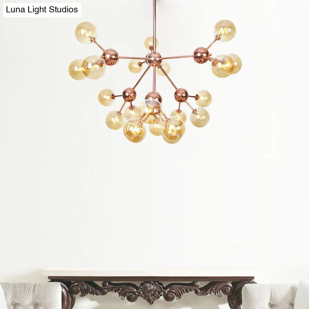 Vintage Copper Chandelier with Clear/Amber Glass Orb Shades - 3/9/12 Lights, Branch Design - 13"/27.5"/34" W