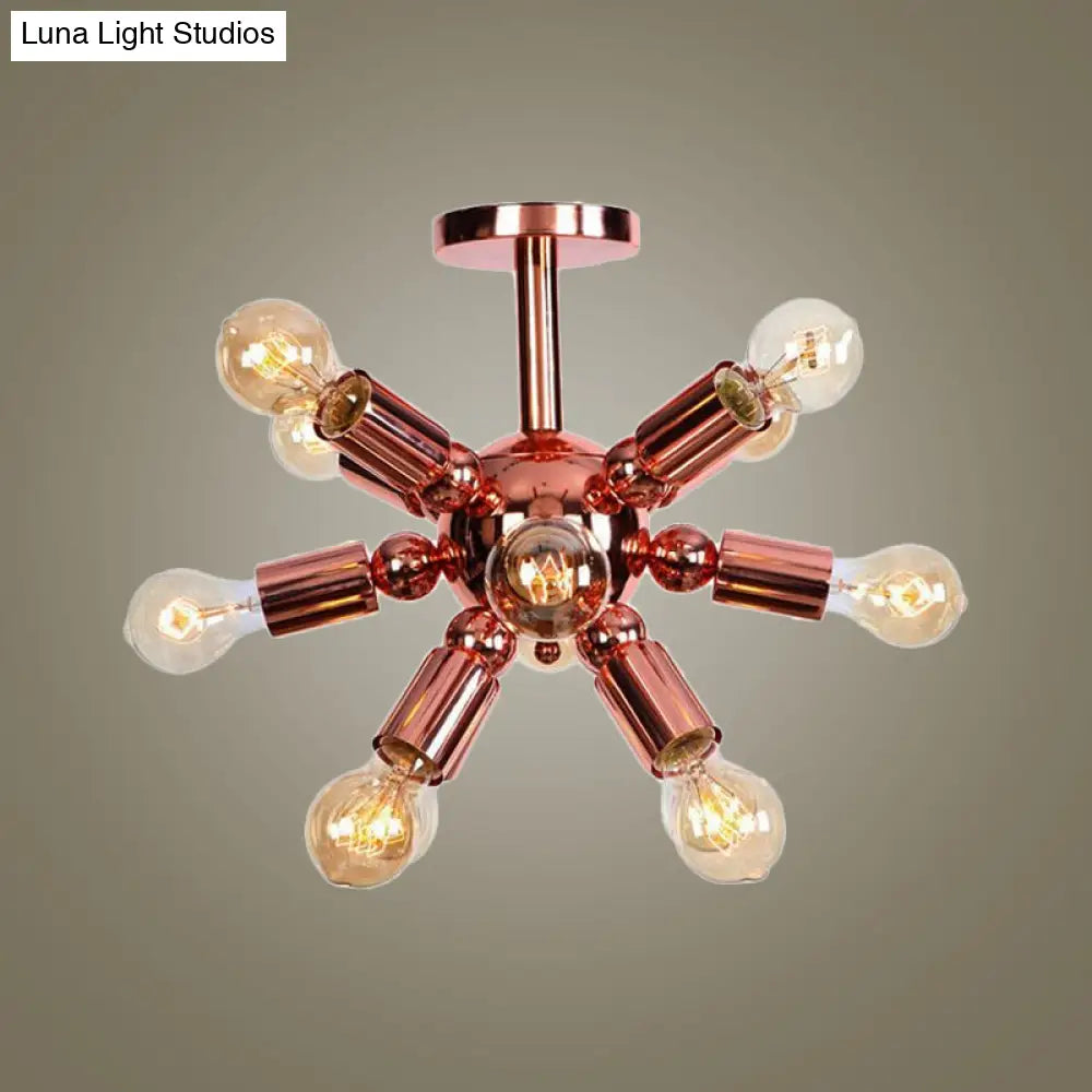 Vintage Copper Finish 6/9 Lights Starburst Semi Flush Ceiling Light for Bedroom
