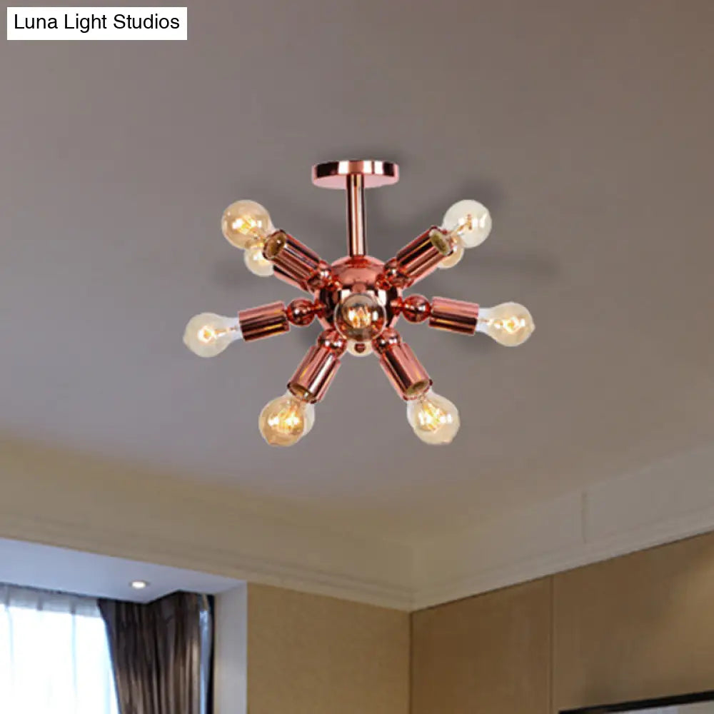 Vintage Copper Finish 6/9 Lights Starburst Semi Flush Ceiling Light for Bedroom