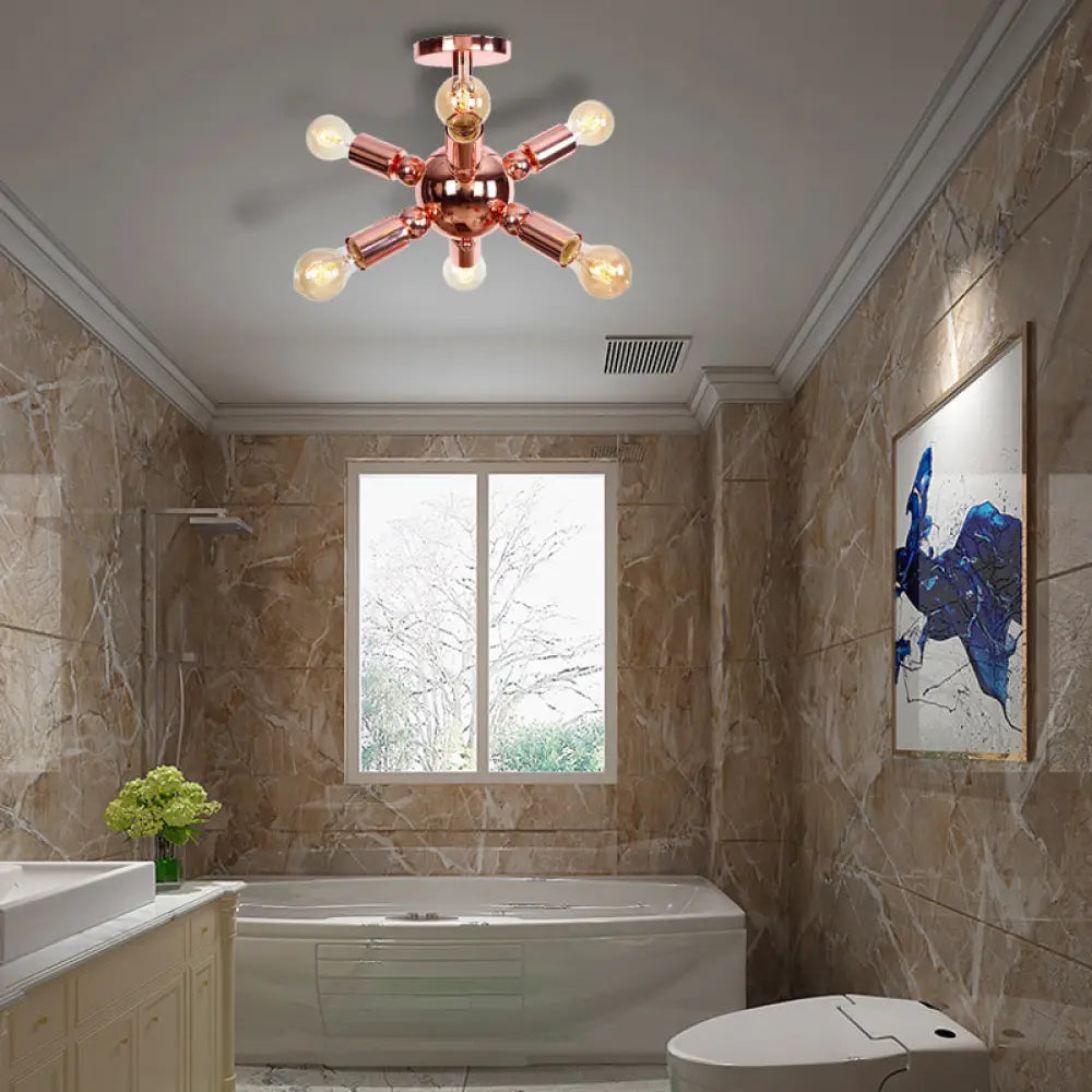 Vintage Copper Finish 6/9 Lights Starburst Semi Flush Ceiling Light for Bedroom