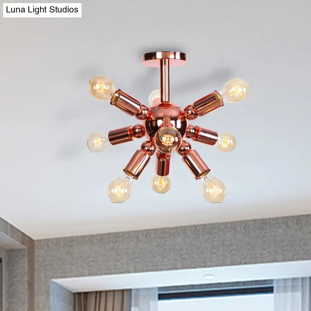 Vintage Copper Finish 6/9 Lights Starburst Semi Flush Ceiling Light for Bedroom
