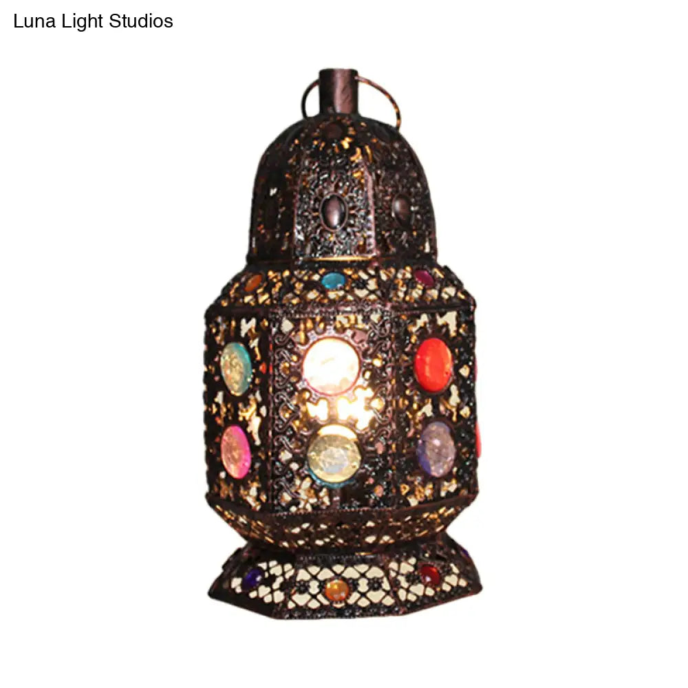 Vintage Copper Lantern Table Lamp - Metal Head Nightstand Lighting for Living Room