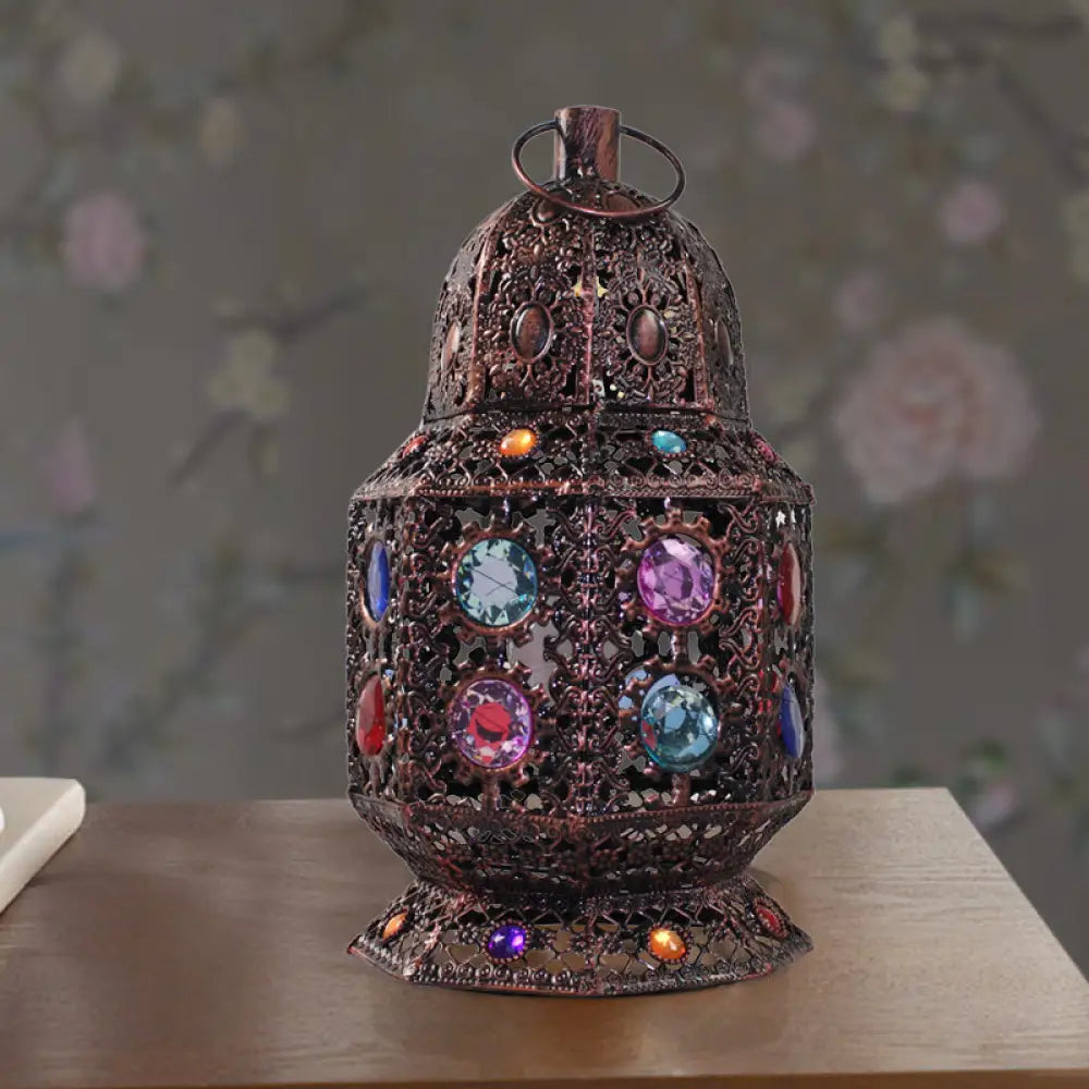 Vintage Copper Lantern Table Lamp - Metal Head Nightstand Lighting for Living Room