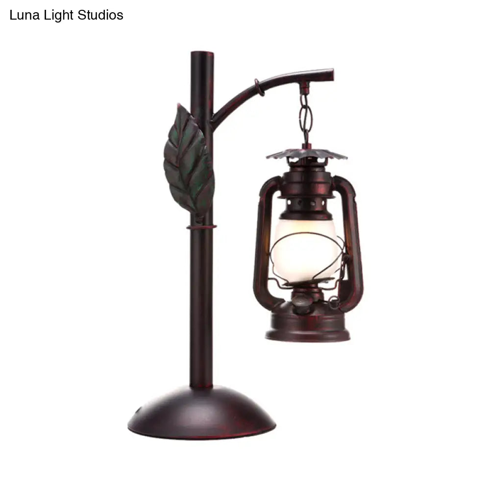 Vintage Copper Lantern Table Lamp with Frosted Glass Shade - Coffee Shop Desk Lighting