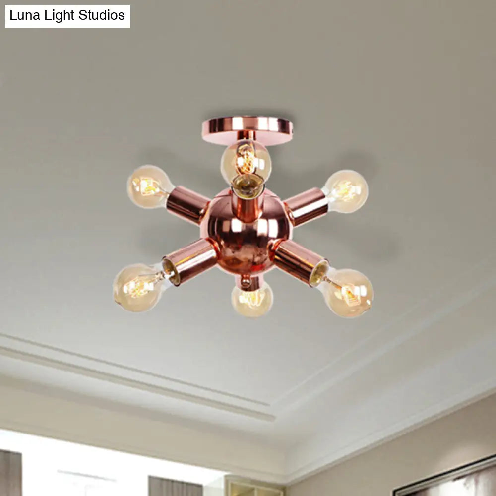Vintage Copper Starburst Ceiling Light with Bare Bulb - Ideal for Restaurants (6/9 Heads)