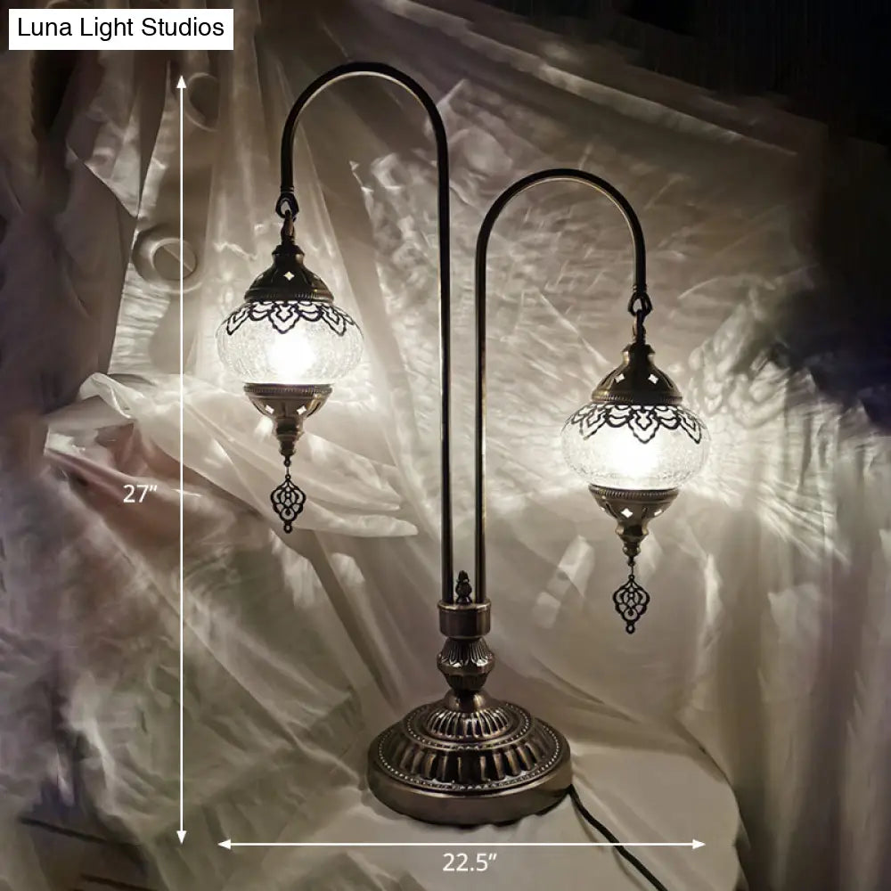 Vintage Crackle Glass Bedside Lamp with Oval Shade and 1/2/3 Lights, Bronze Night Table Decor