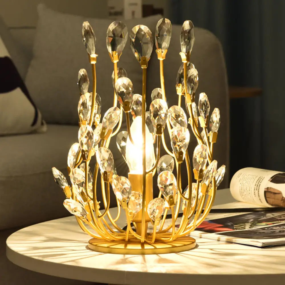 Vintage Crystal Flower Vine Table Lamp with Faceted Gold/Silver Finish - Elegant Hotel Nightstand Lighting