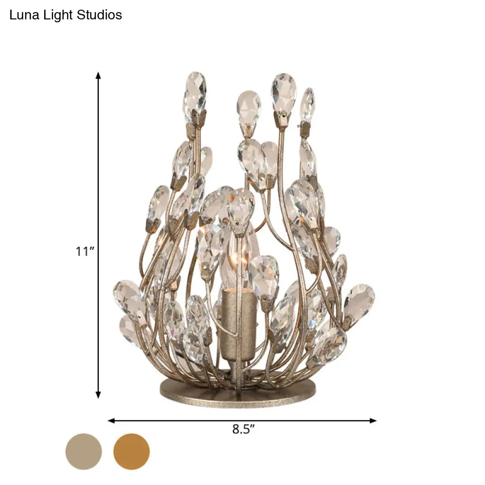 Vintage Crystal Flower Vine Table Lamp with Faceted Gold/Silver Finish - Elegant Hotel Nightstand Lighting