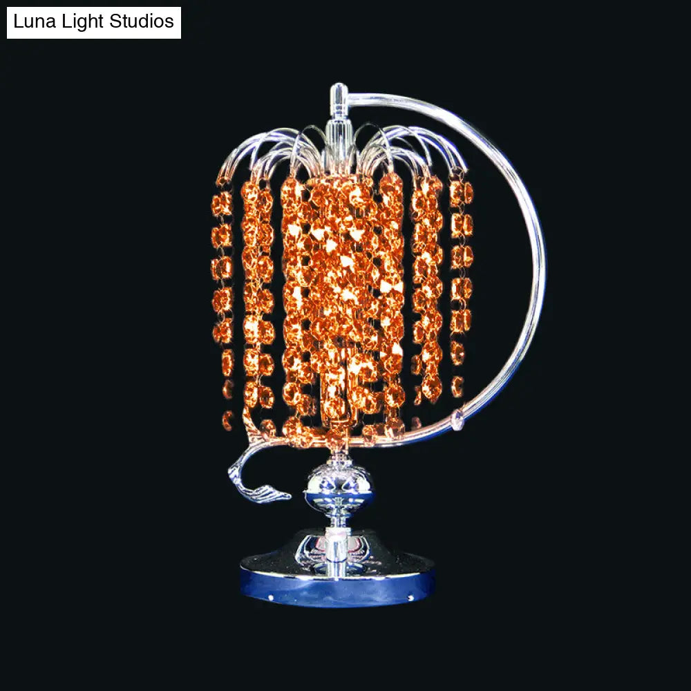 Vintage Crystal Table Lamp: 1-Head Drooping Tassel Night Light in Retro Pink/Yellow/Blue, Polished Chrome C Arm