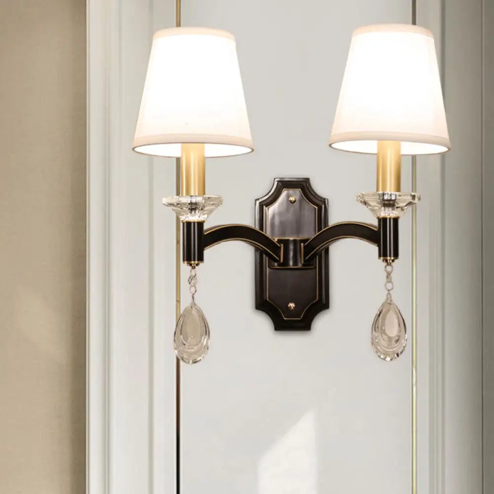 Vintage Cut Crystal Teardrop Wall Mount Light: Brown Wall Lamp Fixture with Conic Fabric Shade