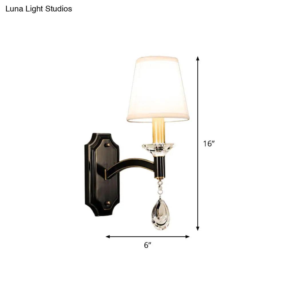 Vintage Cut Crystal Teardrop Wall Mount Light: Brown Wall Lamp Fixture with Conic Fabric Shade