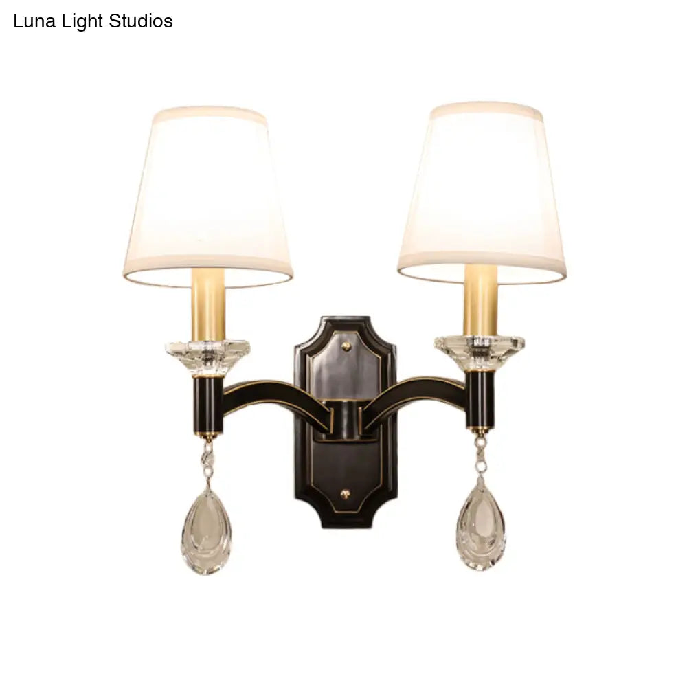 Vintage Cut Crystal Teardrop Wall Mount Light: Brown Wall Lamp Fixture with Conic Fabric Shade