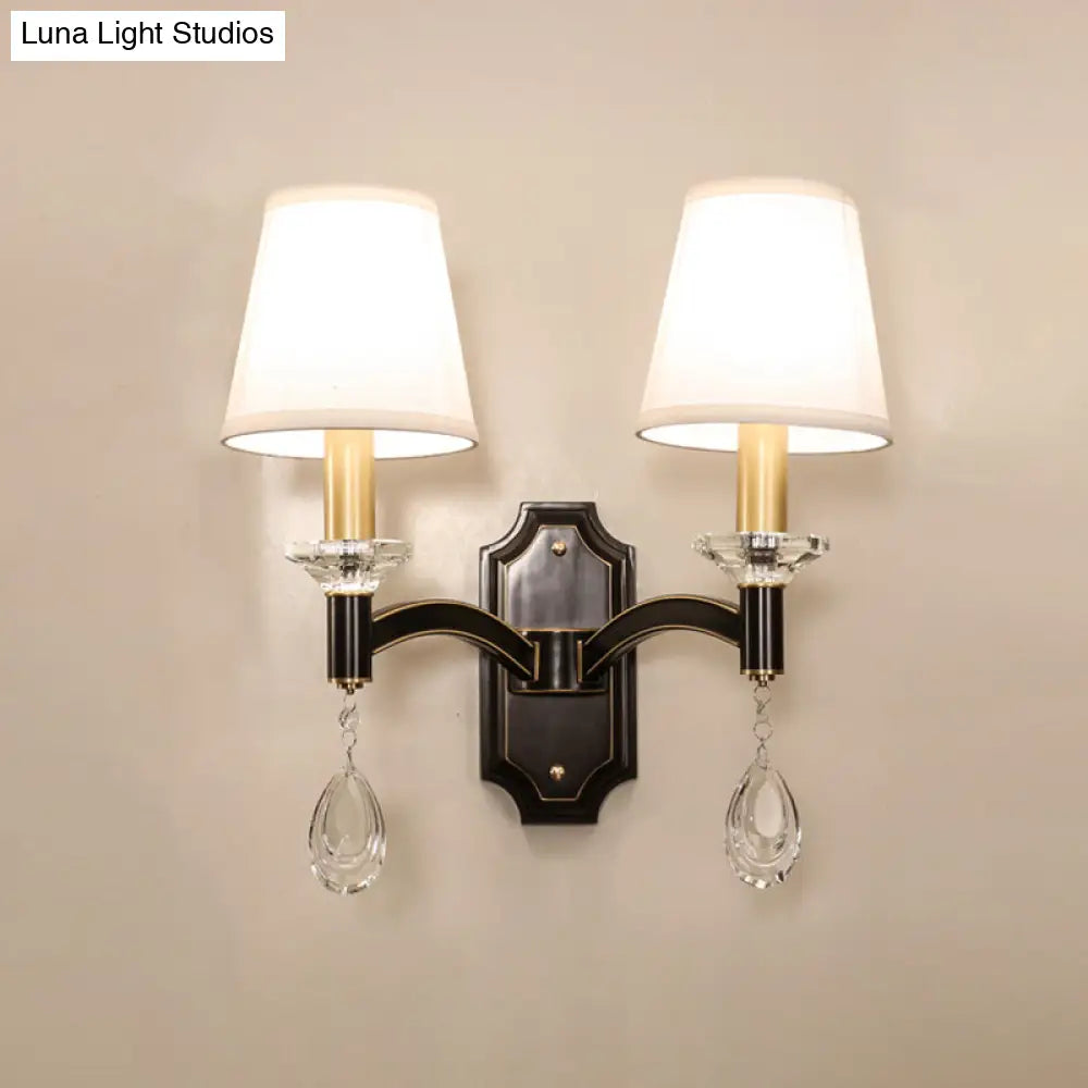 Vintage Cut Crystal Teardrop Wall Mount Light: Brown Wall Lamp Fixture with Conic Fabric Shade