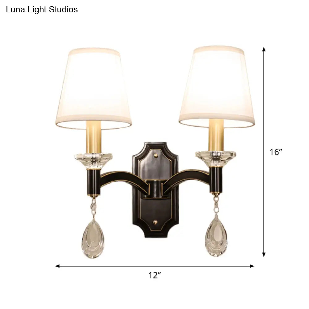 Vintage Cut Crystal Teardrop Wall Mount Light: Brown Wall Lamp Fixture with Conic Fabric Shade