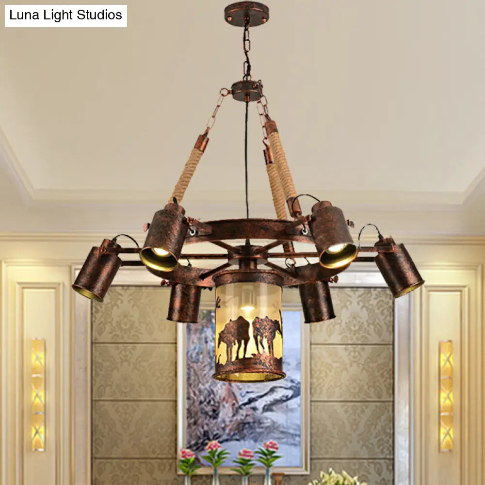 Vintage Cylinder Metal Chandelier - 4/7 Light Pendant in Weathered Copper for Dining Room Lighting