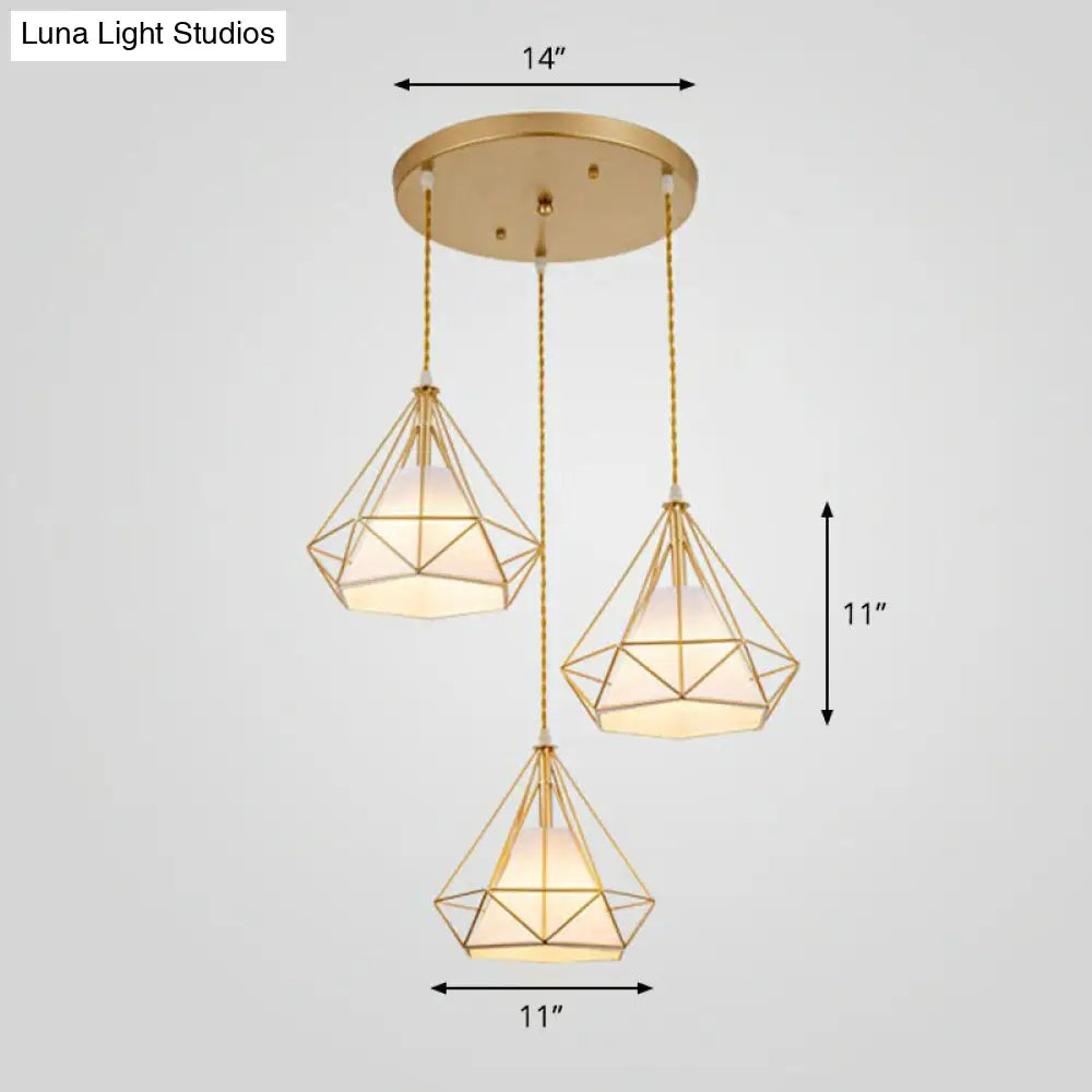 Vintage Diamond Cage Iron Suspension Light Fixture with 3 Bulbs - Restaurant Multi Ceiling Lamp