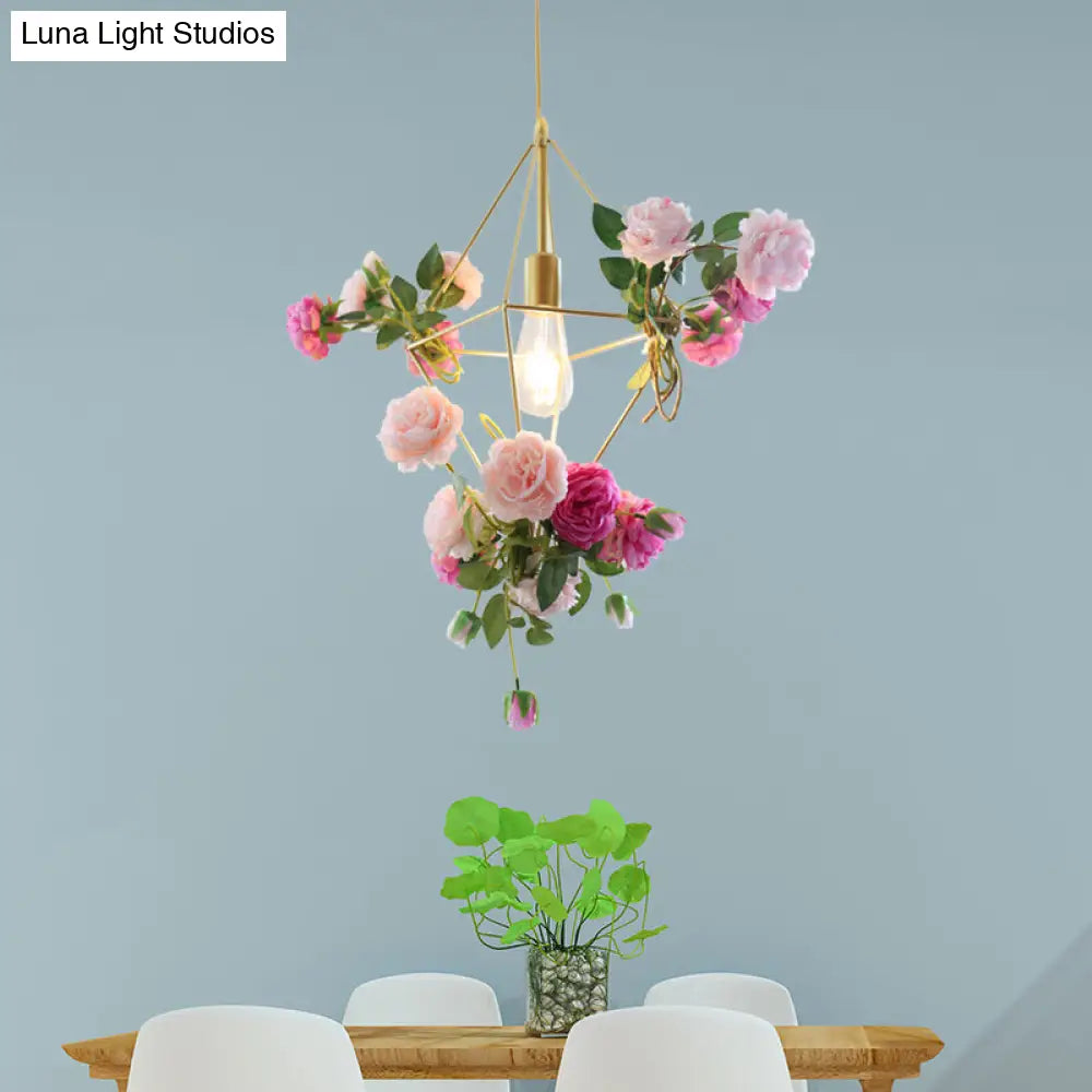 Vintage Diamond Cage Pendant Light Kit - 14"/18" H, 1-Light Metal Hanging Lamp in Gold with Faux Flower