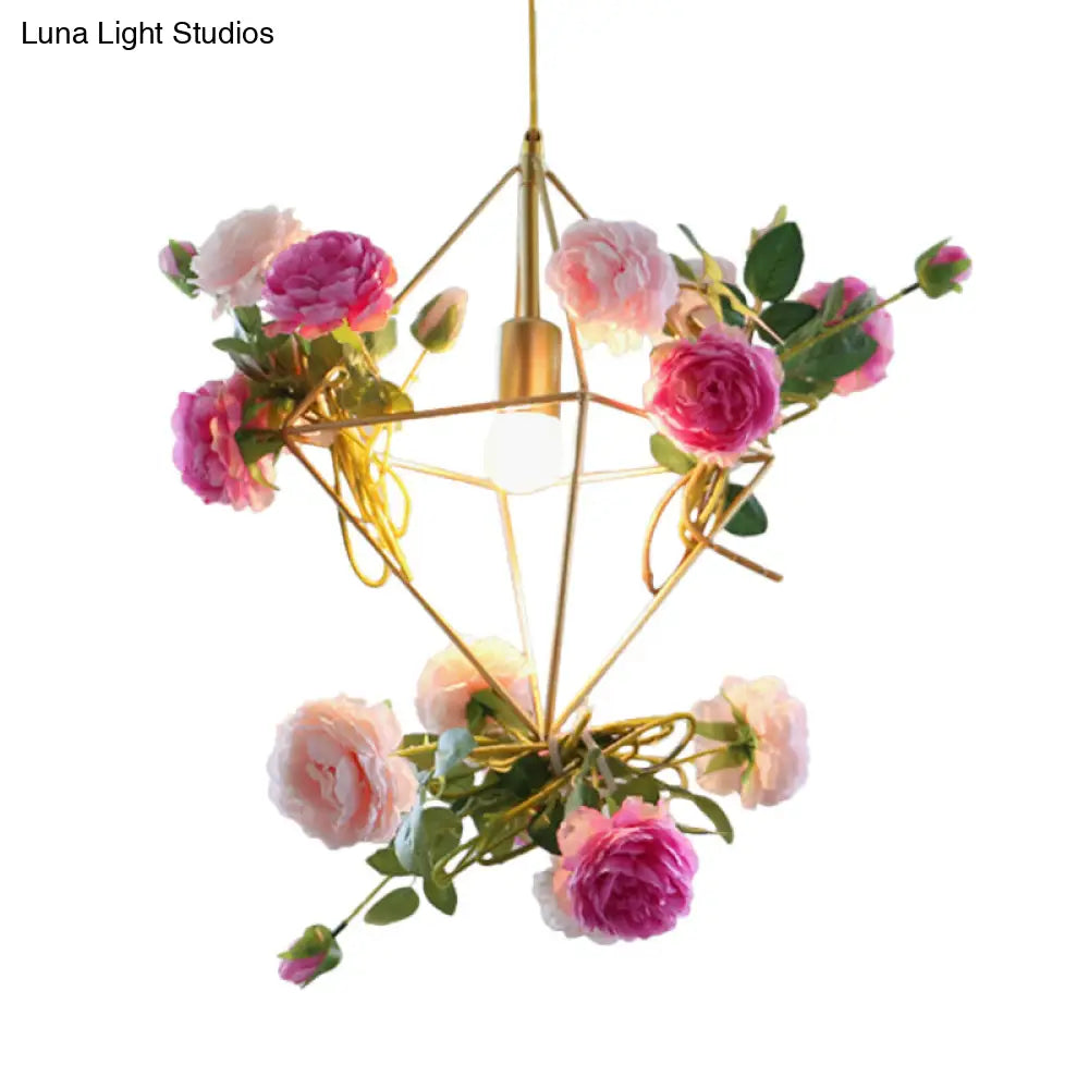 Vintage Diamond Cage Pendant Light Kit - 14"/18" H, 1-Light Metal Hanging Lamp in Gold with Faux Flower