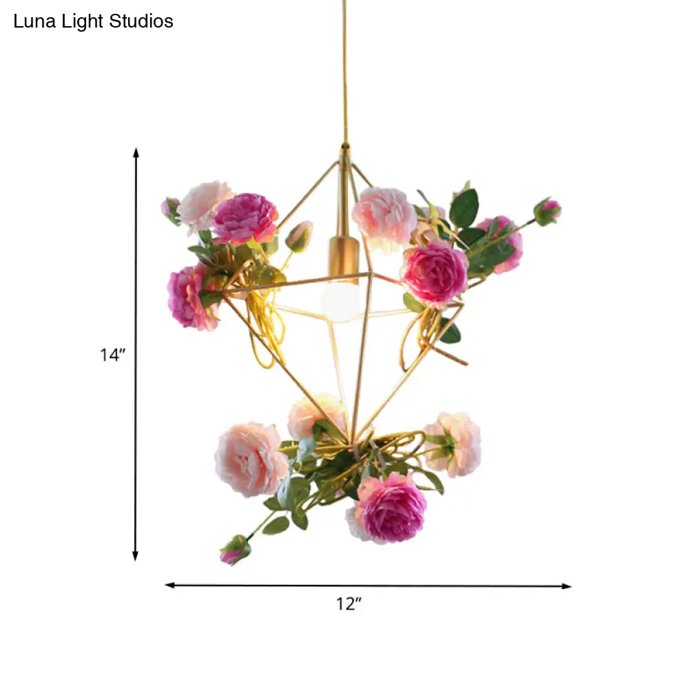 Vintage Diamond Cage Pendant Light Kit - 14"/18" H, 1-Light Metal Hanging Lamp in Gold with Faux Flower