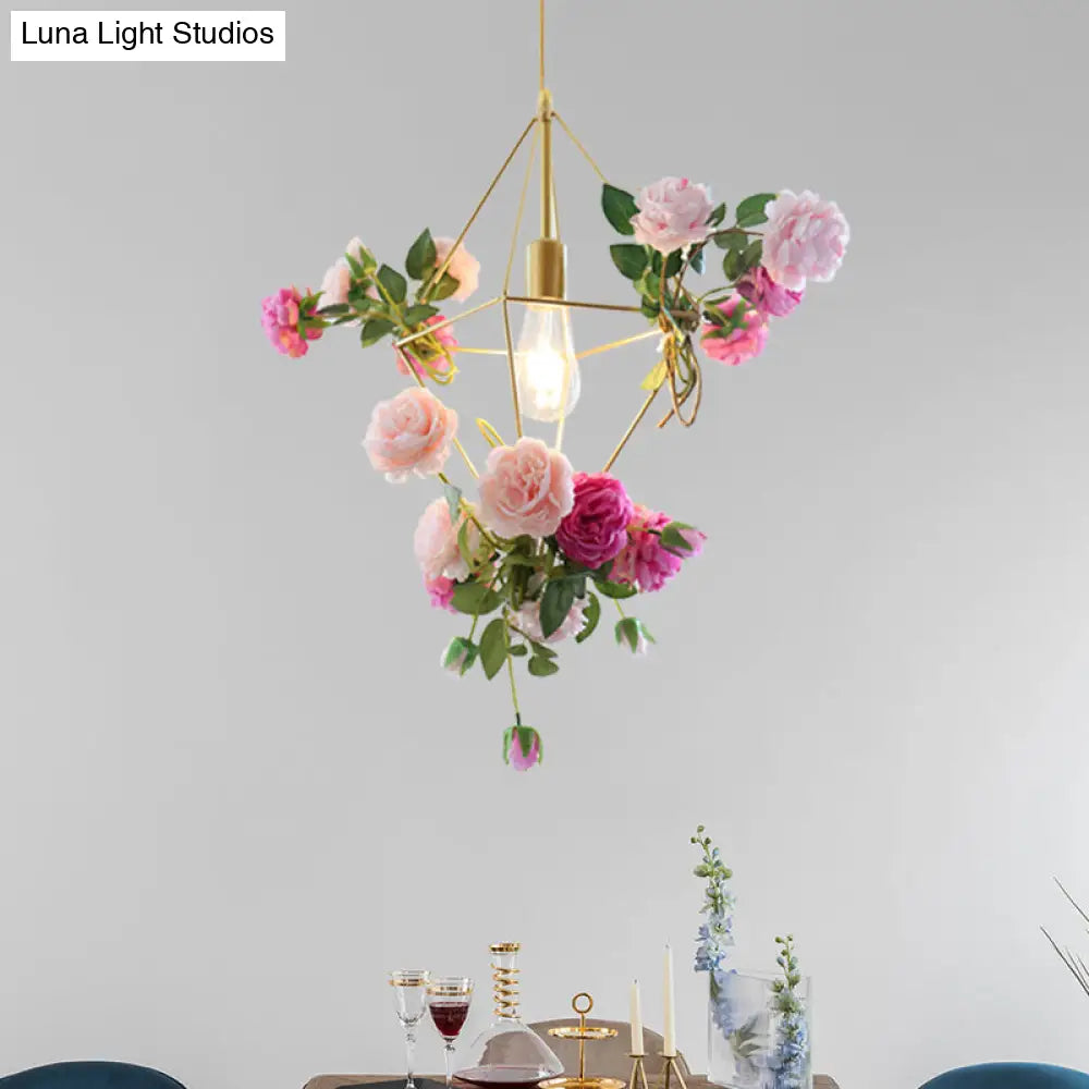 Vintage Diamond Cage Pendant Light Kit - 14"/18" H, 1-Light Metal Hanging Lamp in Gold with Faux Flower