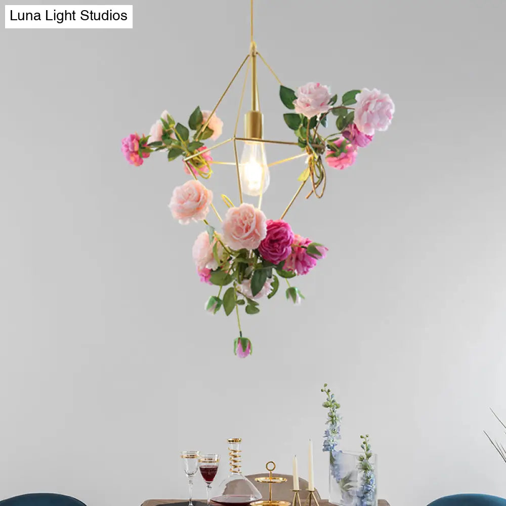 Vintage Diamond Cage Pendant Light Kit - 14"/18" H, 1-Light Metal Hanging Lamp in Gold with Faux Flower