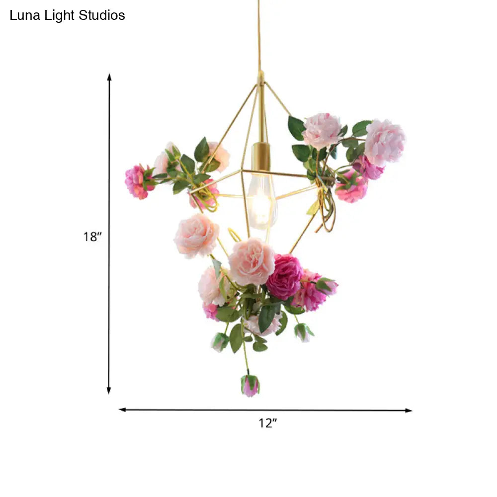 Vintage Diamond Cage Pendant Light Kit - 14"/18" H, 1-Light Metal Hanging Lamp in Gold with Faux Flower