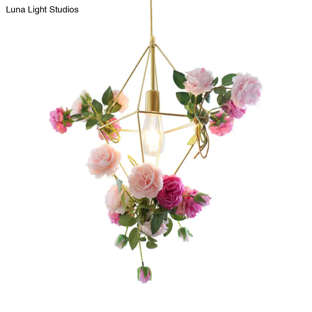 Vintage Diamond Cage Pendant Light Kit - 14"/18" H, 1-Light Metal Hanging Lamp in Gold with Faux Flower