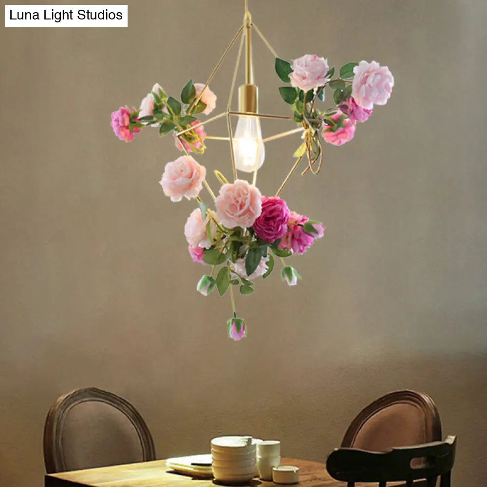 Vintage Diamond Cage Pendant Light Kit - 14"/18" H, 1-Light Metal Hanging Lamp in Gold with Faux Flower