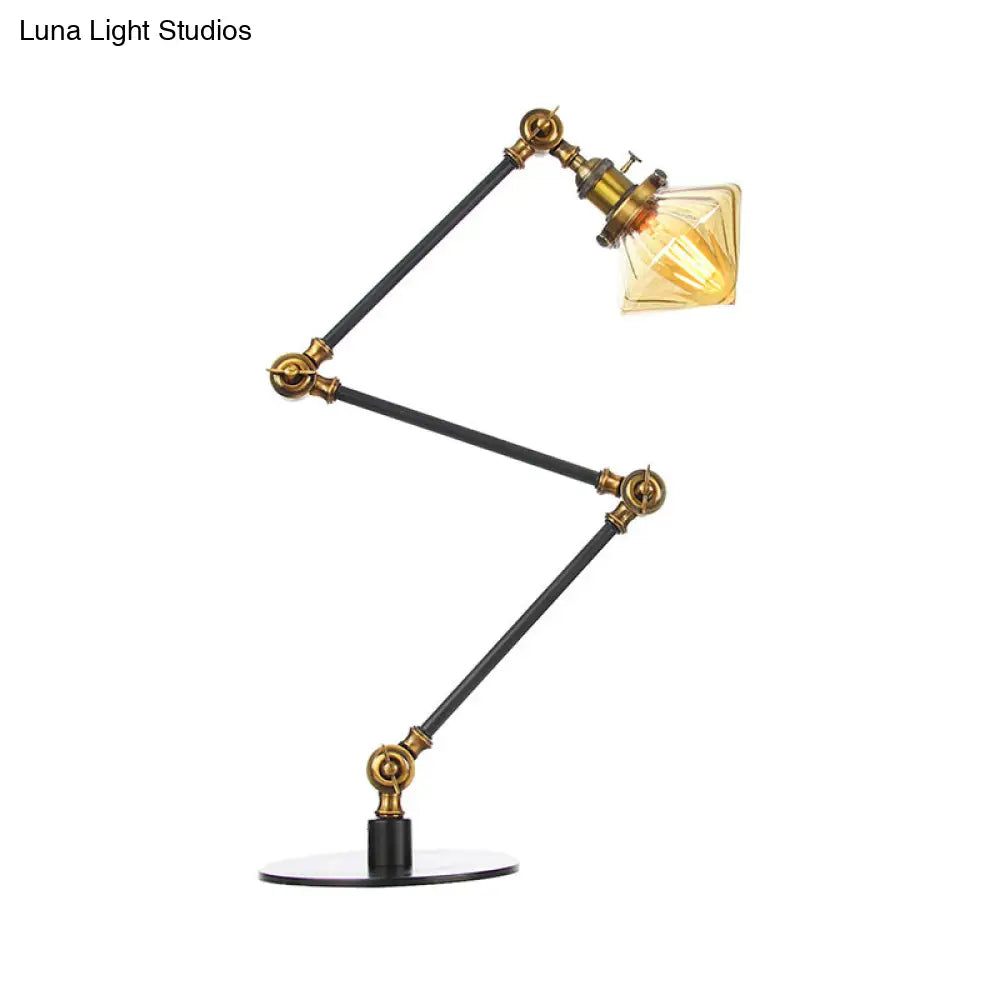 Vintage Diamond Shade Table Lamp: Amber/Clear Glass, Adjustable Arm - Black/Brass