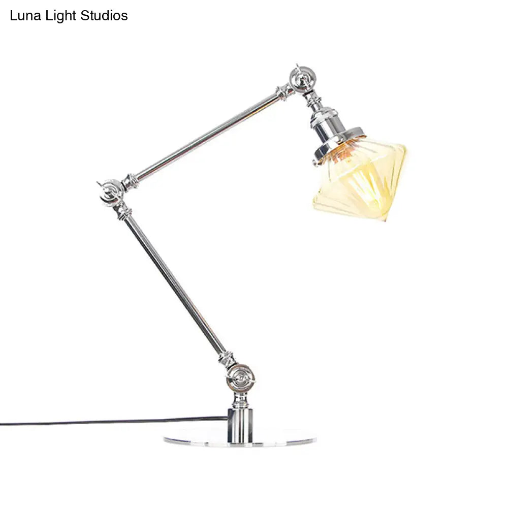 Vintage Diamond Shade Table Lamp: Amber/Clear Glass, Adjustable Arm - Black/Brass