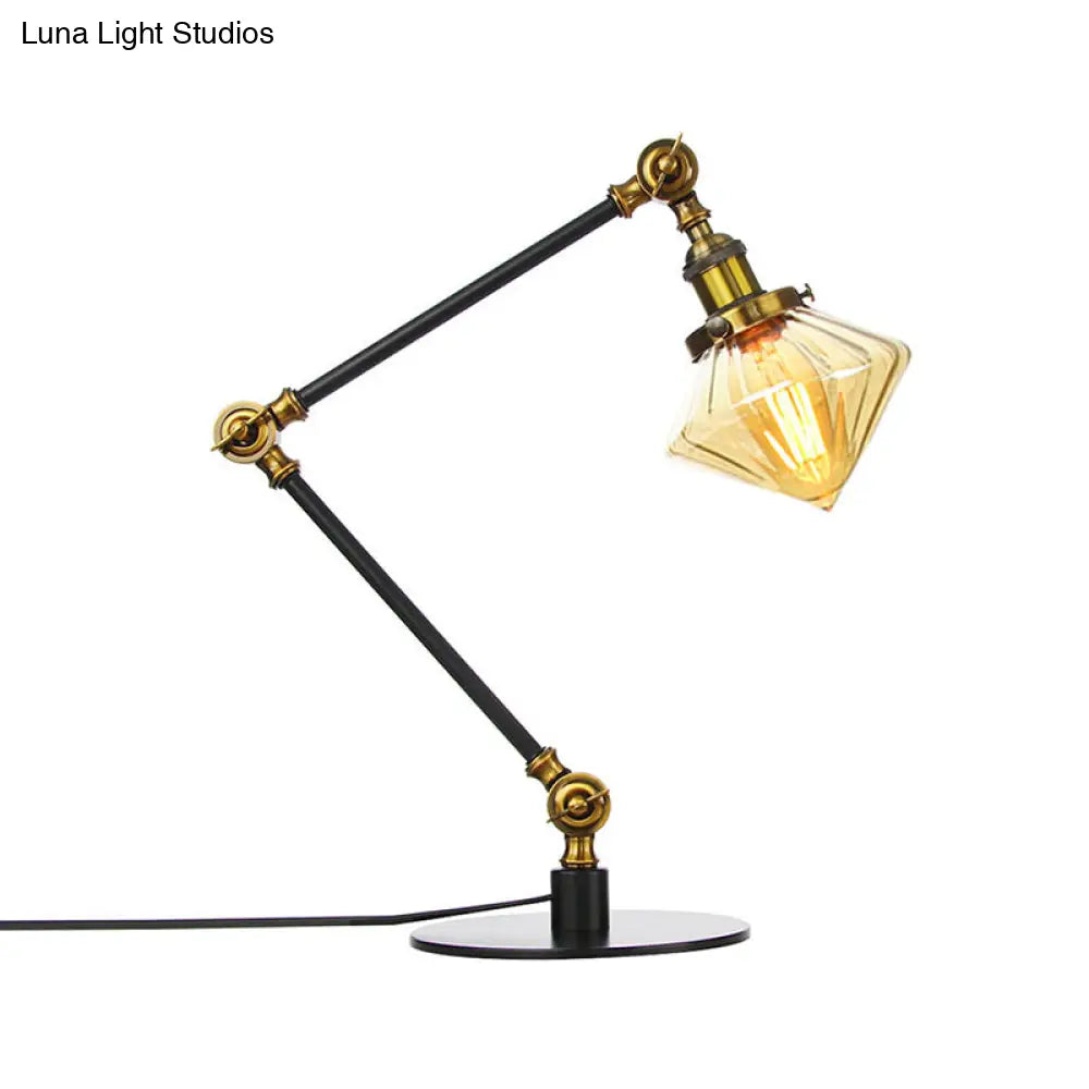Vintage Diamond Shade Table Lamp: Amber/Clear Glass, Adjustable Arm - Black/Brass