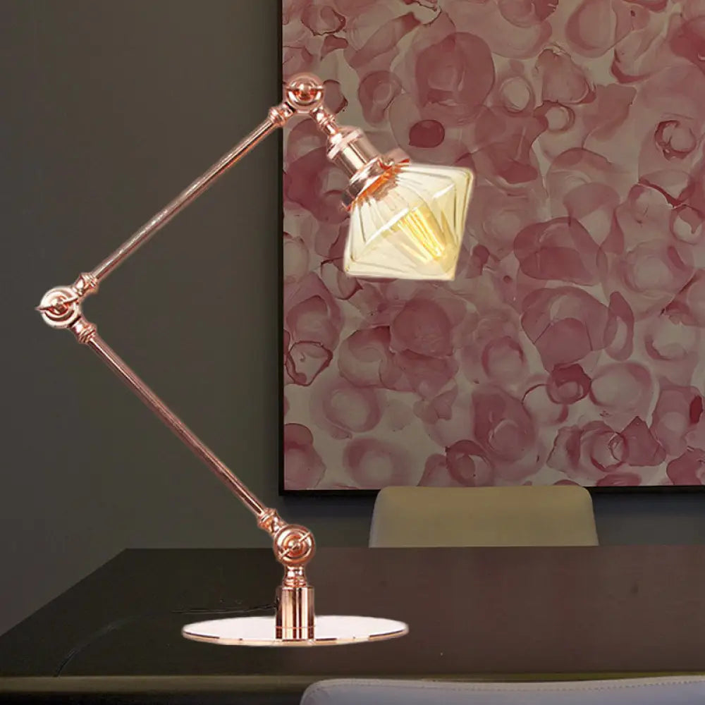 Vintage Diamond Shade Table Lamp: Amber/Clear Glass, Adjustable Arm - Black/Brass