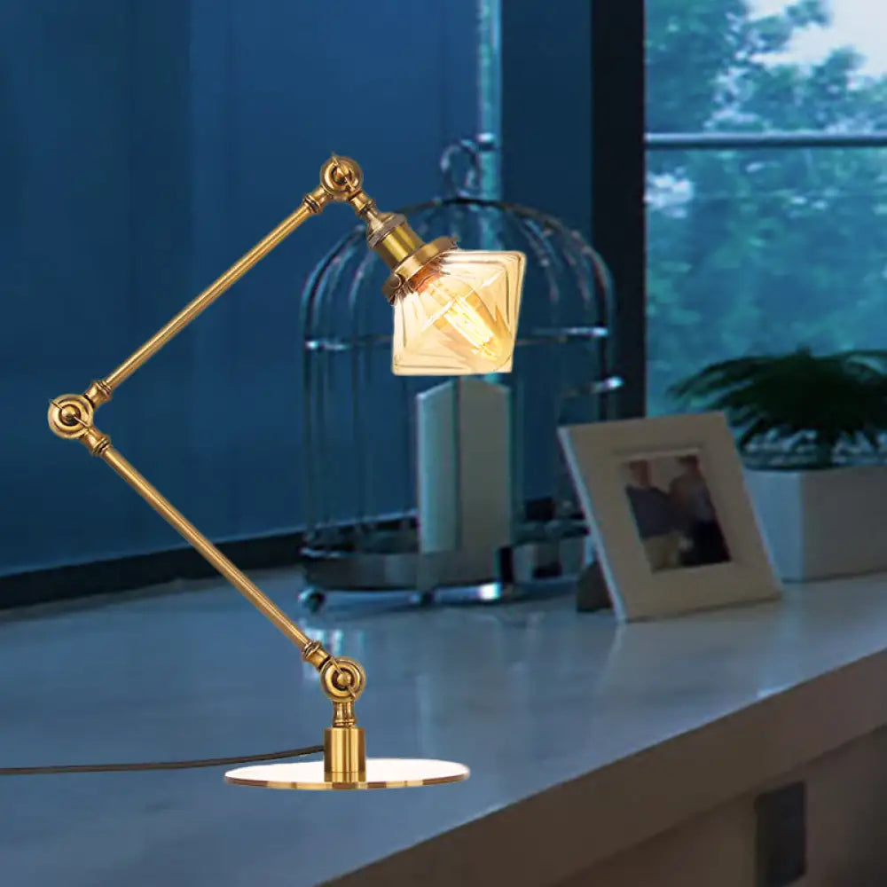 Vintage Diamond Shade Table Lamp: Amber/Clear Glass, Adjustable Arm - Black/Brass