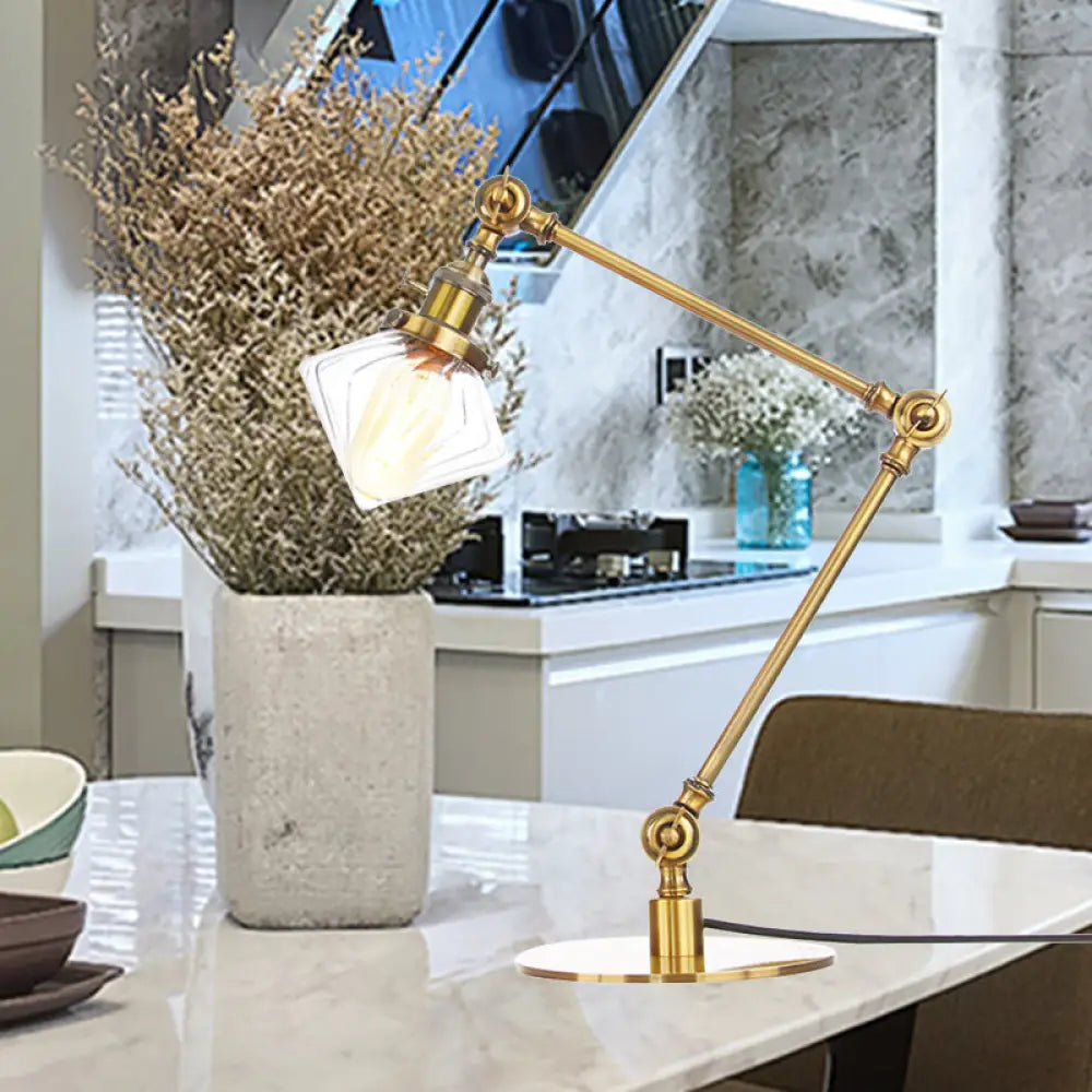 Vintage Diamond Shade Table Lamp: Amber/Clear Glass, Adjustable Arm - Black/Brass