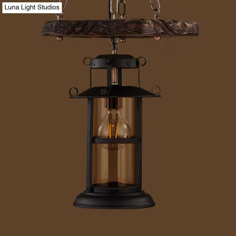 Lámpara colgante tipo farol vintage de madera envejecida con cristal transparente para restaurantes