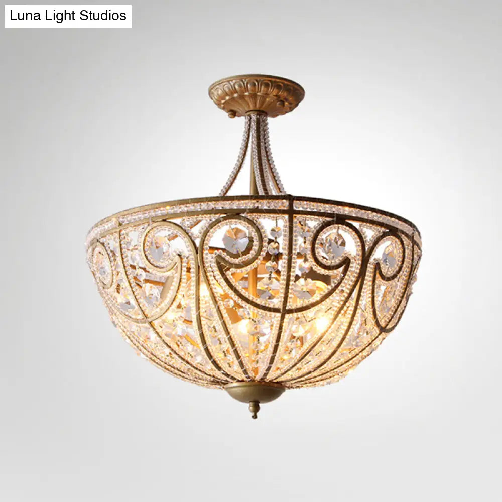 Vintage Dome Crystal Bead Ceiling Light in Gold - Semi Flush, 5 Bulbs, Living Room Fixture