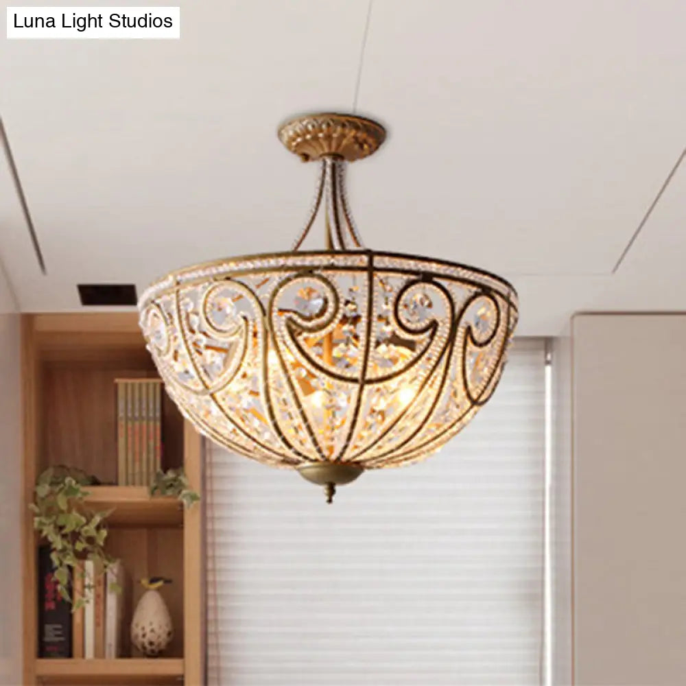 Vintage Dome Crystal Bead Ceiling Light in Gold - Semi Flush, 5 Bulbs, Living Room Fixture