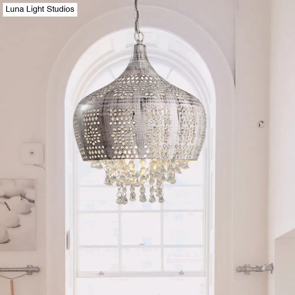Vintage Dome Pendant Light with Crystal Deco and Pierced Design - Distressed White