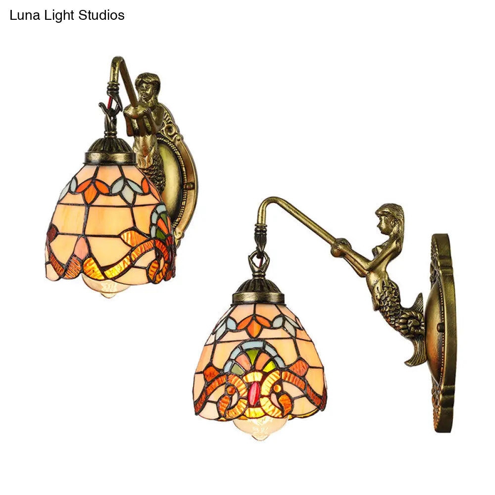 Vintage Dome Sconce Light – 5.5" Width Stained Glass Fixture with Mermaid Design - 1 Light