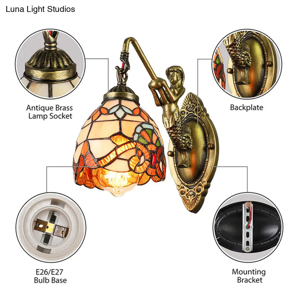 Vintage Dome Sconce Light – 5.5" Width Stained Glass Fixture with Mermaid Design - 1 Light