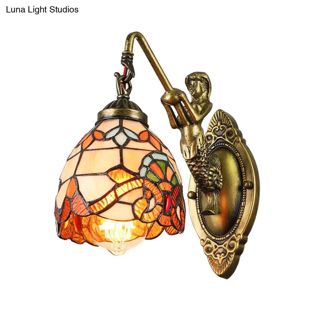 Vintage Dome Sconce Light – 5.5" Width Stained Glass Fixture with Mermaid Design - 1 Light