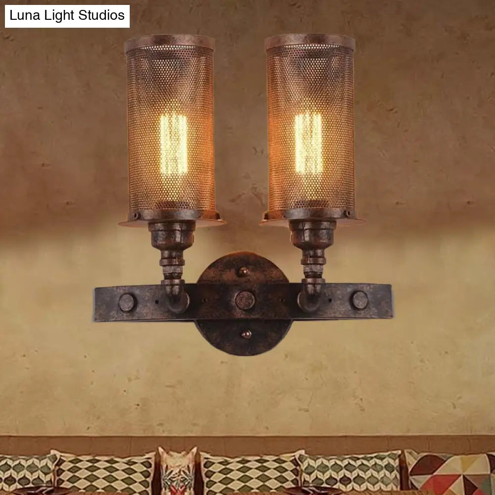 Vintage Double Cylinder Wall Light with Mesh Shade in Weathered Copper - Wrought Iron Wall Mount Lamp with 2 Lights