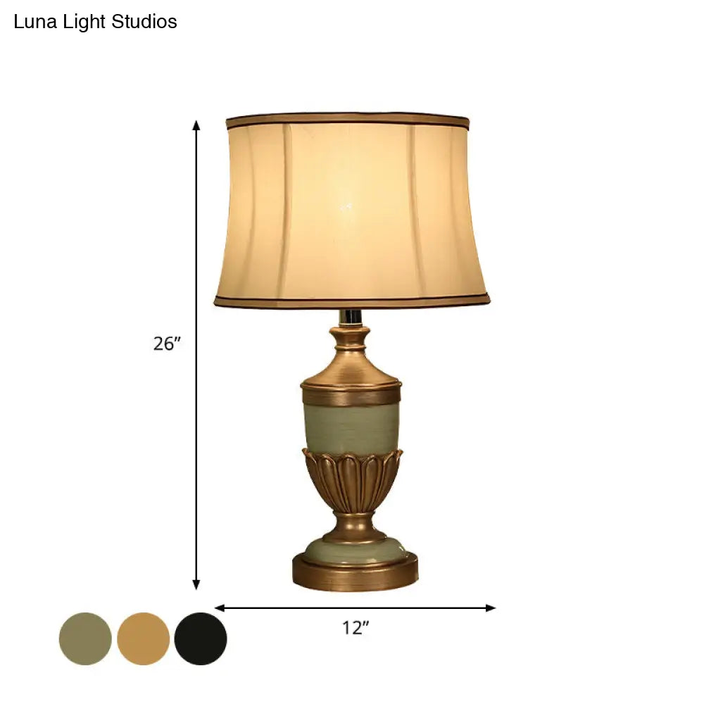 Vintage Drum Desk Lamp with Fabric Night Table Lighting - 1 Head, Black/Brown/Green Pot Base
