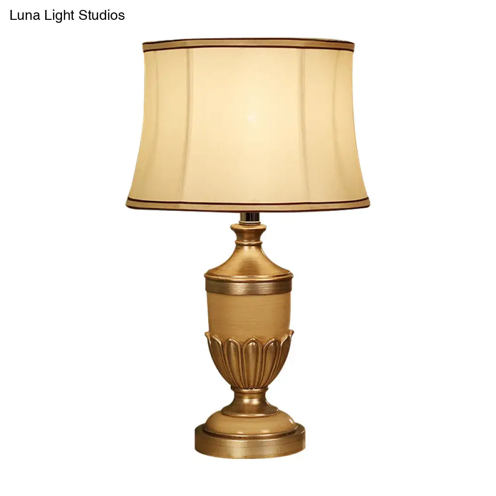 Vintage Drum Desk Lamp with Fabric Night Table Lighting - 1 Head, Black/Brown/Green Pot Base