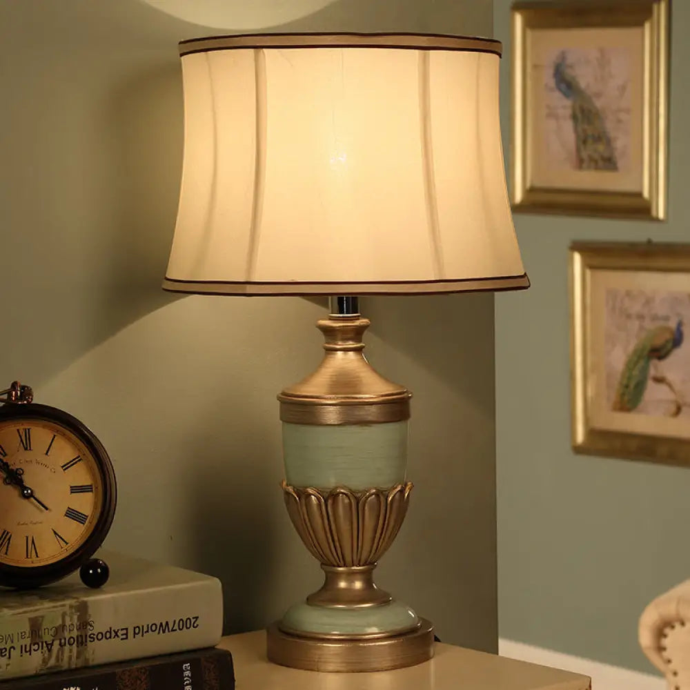 Vintage Drum Desk Lamp with Fabric Night Table Lighting - 1 Head, Black/Brown/Green Pot Base