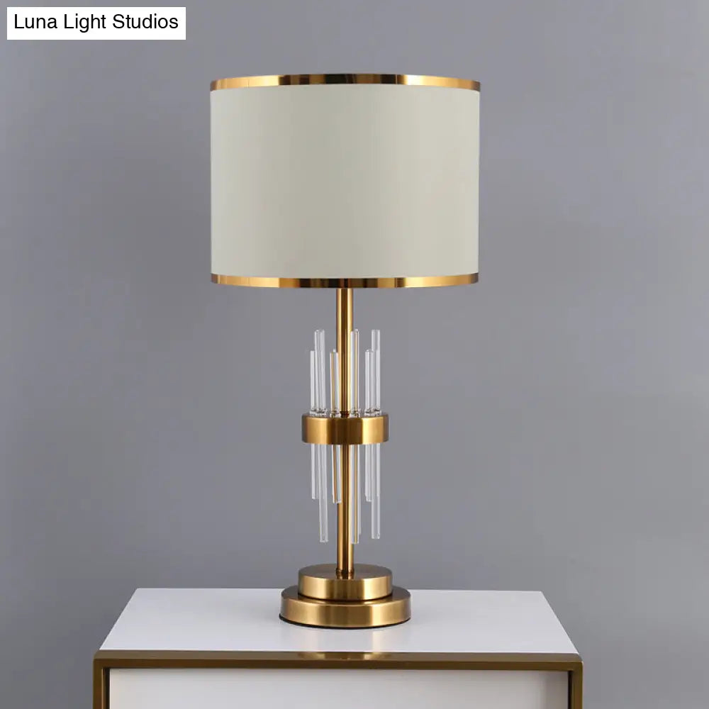 Vintage Drum Fabric Nightstand Lamp - Single-Bulb Table Lighting for Study Room with Crystal Rod - White