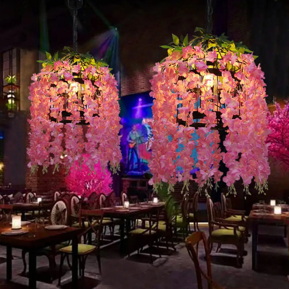 Vintage Drum Pendant Light - 1-Light Metal LED Flower Hanging Kit (Pink/Purple) for Restaurants