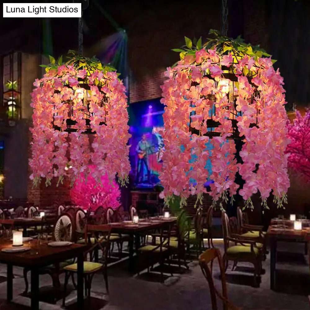 Vintage Drum Pendant Light - 1-Light Metal LED Flower Hanging Kit (Pink/Purple) for Restaurants